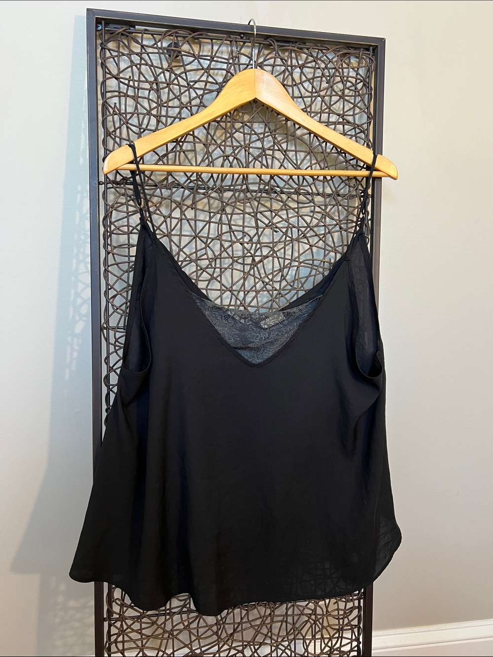 Intimately by Free People Sexy Funeral black silky camisole gray lace trim M